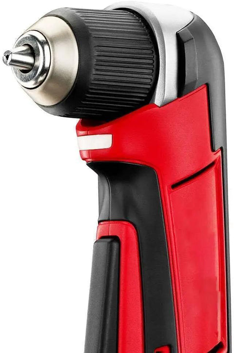 Close-up view of Top Shelf M12 Compatible Right Angle Drill Driver Featuring A Three Eight Inch Chuck And Killer 100 In Lbs Torque.
