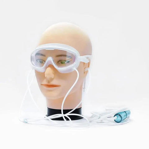 2-In-1 Hydrogen Inhalation And Eye Care Mask displayed on mannequin, white silicone dual-function goggles with attached tubes