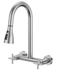HURRAN Wall Mount Kitchen Faucet with Pull Down Sprayer, Brushed Nickel Kitchen Sink Faucet, 8 Inch 2 Handle, Commercial Kitchen Sink Faucet Dual Handles for Laundry Room Restaurant Compartment Sink, close-up view.