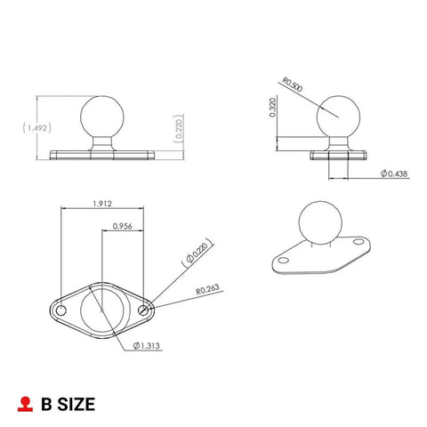 Technical drawing of Diamond Plate Ball Base With 2 Hole AMPS Pattern For 1 Inch Ball Mounts Marine Grade Aluminum Powder Coated