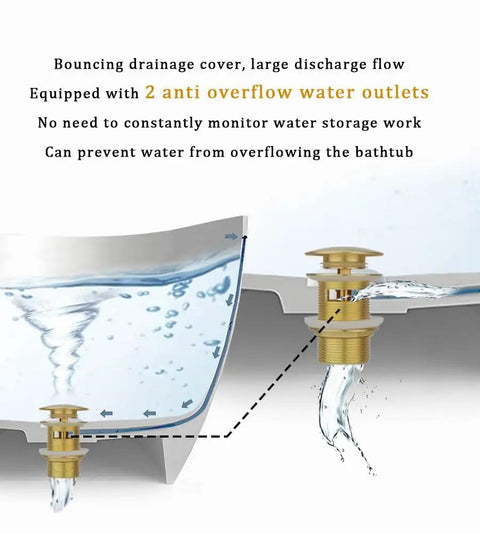 Slick Brass Freestanding Tub Drain Featuring Smooth Pop Up Plug Brushed Gold Hardware showing water flow and anti-overflow outlets.