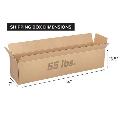Cardboard box with dimensions labeled 57 inches long, 7 inches wide, and 13.5 inches high, weight 55 lbs