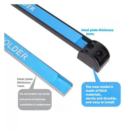 Close-up comparison of blue steel alloy magnetic tool strips with thickness labels, part of 12 Inch Magnetic Tool Strip 4 Pack For Garage And Kitchen Organization, Heavy Duty Alloy Steel Magnetic Bars Hold Up To 19 Lbs Each, Easy To Install With Mounting Screws Included, Space Saving Tool Holder For Tools Utensils And Iron.