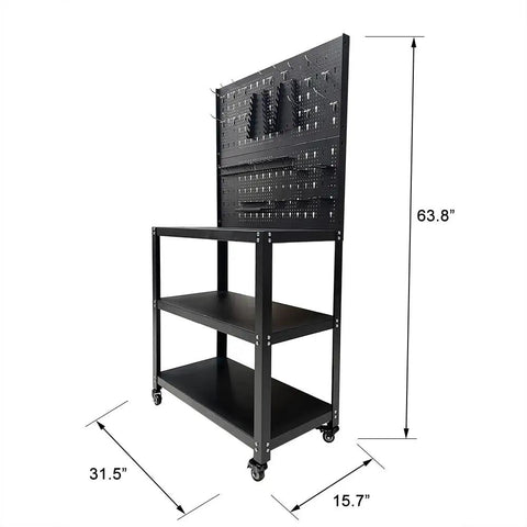 Rolling Metal Workbench On Wheels With Pegboard And 22 Hooks 3 Tier Tool Storage Heavy Duty Steel Tabletop built for garages