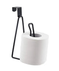 Over The Tank Toilet Paper Holder Stand, Sturdy Metal Tissue Roll Dispenser, Black Finish, mounted on cabinet door.