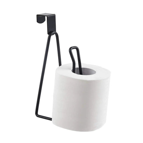 Over The Tank Toilet Paper Holder Stand, Sturdy Metal Tissue Roll Dispenser, Black Finish, mounted on cabinet door.