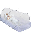 Foldable Mosquito Net Tent For Bed And Travel with large side zipper, easy setup, shown on bed with adult inside, prevents bugs