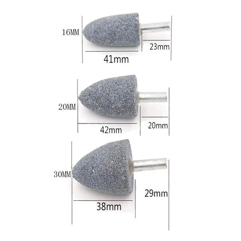 80 Grit Mounted Stone Point Grinding Bits Set for Rotary Tools, 3 Head Shapes Wheel Cylinder Cone, dimensions labeled