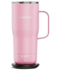 Self Heating Coffee Mug 20oz Electric Temp Control Warmer Keeps Your Brew Piping Hot With Three Rad Heat Settings Zero Room For Cold Swigs Perfect For Office Grind Or Backroad Adventures Rechargeable Design in pink with handle and temperature settings.