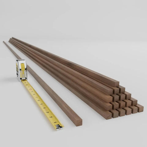 Top Shelf Solid Hardwood Adjustable Slat Wall Kit In Warm Walnut with forty precision-cut planks and a tape measure for sizing.