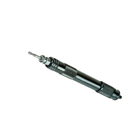 Tough Built 1/8 Inch Pneumatic Air Pencil Die Grinder With Rear Exhaust Quiet Silencer Hose and Rock Solid 60000 RPM steel frame angled view
