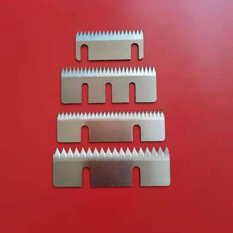 10 Pack Carbon Steel Carton Sealer Replacement Blades Two Slot Cutter Heads For Semi Auto Tape Box Sealers stacked on red background.