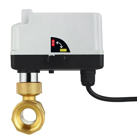 Heavy Duty DN20 Brass Ball Valve Paired With A Knockout 3 Wire Motorized Actuator For Seamless AC220V Control and No Sweat Manual Override, side view.