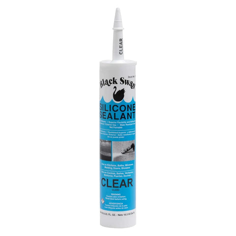 Black Swan Silicone Sealant tube for DIY repairs, shown in clear packaging with blue label, perfect for sealing and bonding projects.