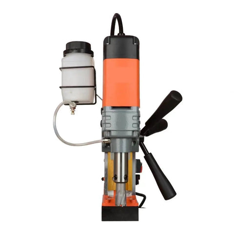 Magnetic Drill Press Portable With Adjustable Speed For Metal Work Surfaces, compact orange design with drill and handle.