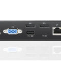 Back view of a sleek black Thinkpad USB C docking station featuring multiple ports, part of Play Nice With Your Tech Using This Sleek Thinkpad USB C Docking Station Delivered With Rock Solid Engineering And Top Notch Connectivity For Seamless Home Office Transitions.