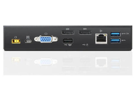 Back view of a sleek black Thinkpad USB C docking station featuring multiple ports, part of Play Nice With Your Tech Using This Sleek Thinkpad USB C Docking Station Delivered With Rock Solid Engineering And Top Notch Connectivity For Seamless Home Office Transitions.