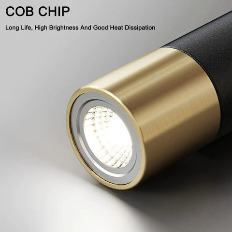 Close-up of COB chip on Black LED Chandelier For Kitchen Island Pendant Lights, Modern Linear Ceiling Fixture, sleek design.