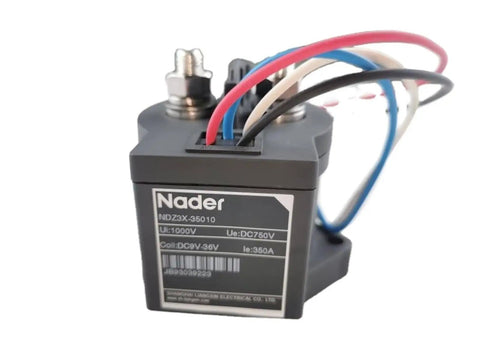 Top Shelf 1500V 500A Contactor Relay For Electric Vehicle Battery Packs Featuring Dang Tough Construction And Killer Three Phase Amp Capacity For Lithium Ion Drivetrains on a black and silver base with colored wires.