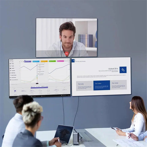 Slick 16 In 1 USB C Hub Docking Station featuring 4K HDMI VGA Gigabit Ethernet RJ45 and USB 3.0 ports in a meeting setup.