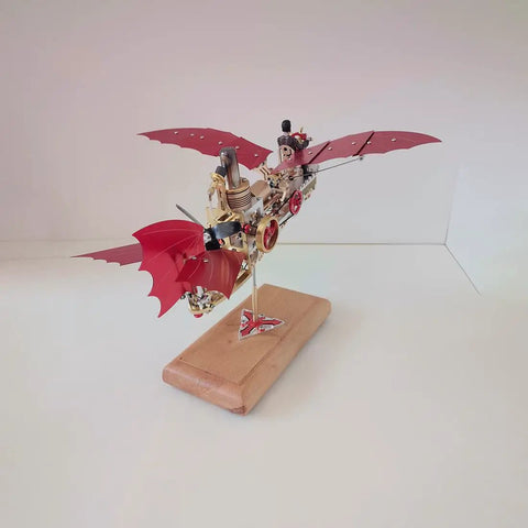 Air-Ship HX-18 Retro Industrial Steampunk Stirling Engine Model Kit displayed on wooden base with extended wings