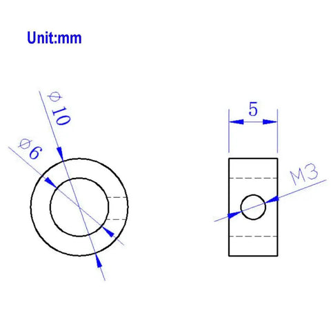 Diagram of Six Millimeter Shaft Collar Lock Ring Kit For 3D Printer Projects, Carbon Steel With Nickel Plating, dimensions in millimeters