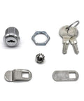Four Pack Five Eighth Inch Tubular Cam Locks Keyed Alike With Chrome Finish components and keys displayed