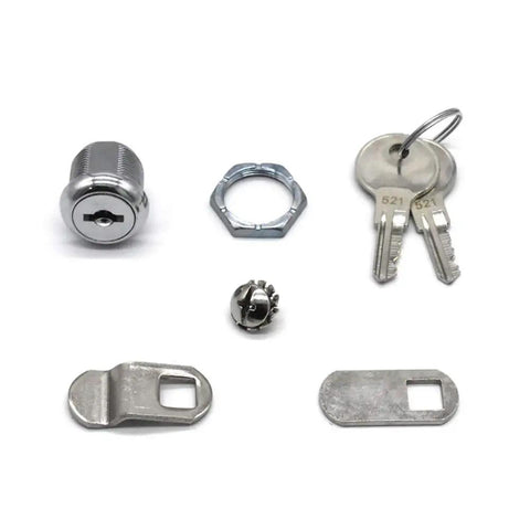 Four Pack Five Eighth Inch Tubular Cam Locks Keyed Alike With Chrome Finish components and keys displayed