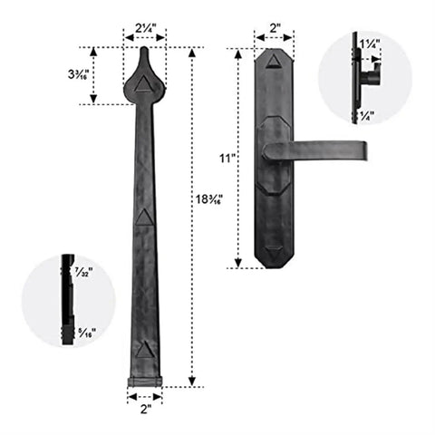 Decorative Garage Door Hardware Kit With Heavy Duty Steel Handles And Hinges, showing dimensions and details for installation.