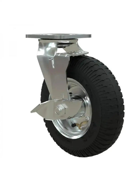 Heavy Duty 8 Inch Inflatable Rubber Caster Wheel With Secure Parking Brake Universal Fit For Luggage Trolleys shown from side angle.