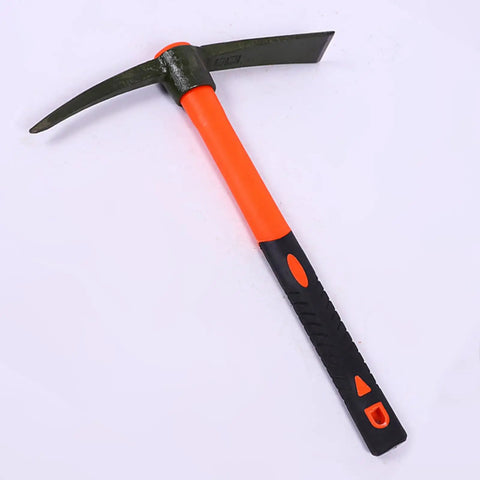 Compact Ergonomic Miniature Mattock For Digging In Gardens Campsites Farms And Outdoor Projects Dope Durable Garden Tool With Fiberglass Core And Heat Treated Steel For Paving And Construction, shown with orange and black handle.
