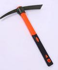 Miniature Mattock Tool For Gardening, Camping, And Trail Maintenance with fiberglass core and soft grip handle, side view.