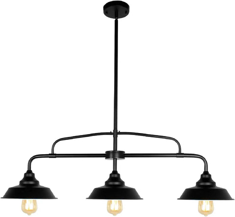 Dope Industrial Farmhouse Black Pendant Light Fixture With Three Lights For Kitchen Island Dining Room Living Room Hallway And Pool Table Area, Modern Metal Hanging Lamp In A Sleek Dark Grey Finish, front view.