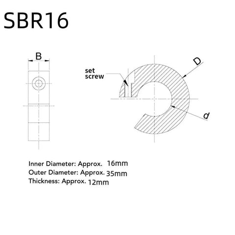 Technical drawing of 4 Pack Aluminum Shaft Collars With Clamp-On Design, M5 Set Screws, 16mm Inner Diameter, 35mm Outer Diameter