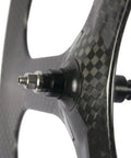 Close-up of Carbon Fixed Gear Wheelset For Track And Street Ride Front 70mm Rear 88mm Clincher 12k Glossy Finish Toray T700.