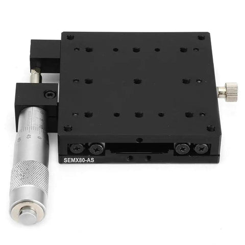 Kickass X Axis Linear Stage 80x80 mm with Micrometer Manual Translation, black anodized, top view.