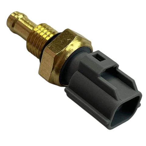 Coolant temperature sensor with brass threaded body and gray plastic electrical connector (close-up)