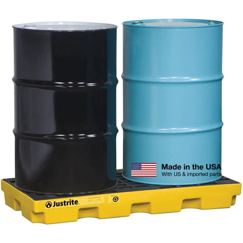 Two Drum Spill Containment Pallet Low Profile HDPE Tray for Drums, Yellow Accumulation Center, 24 Gallon Capacity, 55 Gallon Drum Containment, Made in USA