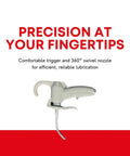 Pro Grade Oiler Gun Accessory For Bucket Oiler With Swivel Nozzle And Ergonomic Two Finger Trigger For Smooth Lubrication On Drill Press Oiler System 70753 50009 with white ergonomic trigger and swivel nozzle displayed against a text background.