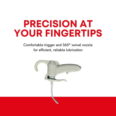 Pro Grade Oiler Gun Accessory For Bucket Oiler With Swivel Nozzle And Ergonomic Two Finger Trigger For Smooth Lubrication On Drill Press Oiler System 70753 50009 with white ergonomic trigger and swivel nozzle displayed against a text background.
