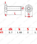 Top Shelf Rainbow Anodized Grade 2 Titanium Hex Socket Button Head Screws M3 By 15 Millimeters Pack Of Fifty technical diagram showing dimensions.