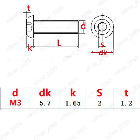 Top Shelf Rainbow Anodized Grade 2 Titanium Hex Socket Button Head Screws M3 By 15 Millimeters Pack Of Fifty technical diagram showing dimensions.