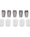 Premium Thonlai Cnc Engraving Collet Chuck Set With Durable Spring Steel Precision Tapping Kit For Grinding And Machining 5 Pcs High Performance, showing five steel collets and plastic canisters.