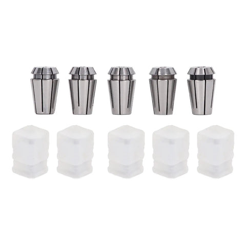 Premium Thonlai Cnc Engraving Collet Chuck Set With Durable Spring Steel Precision Tapping Kit For Grinding And Machining 5 Pcs High Performance, showing five steel collets and plastic canisters.