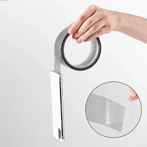 Window And Door Screen Repair Patch Kit With Self Adhesive Tape For Quick Hole Fix Durable Mending Strip For Home Screens Easy To Apply And Long Lasting Patch For Diy Repairs shown with roll and patch detail.