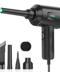 Electric Air Duster Blower With Two Speed Settings and Four Brush Attachments For Electronics Cleaning, showing full kit in green.
