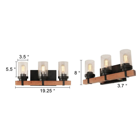 Three Light Dope Vintage Wood Wall Mount Sconce With Bubble Glass Shade dimensions for bathroom, bedroom, or hallway use.