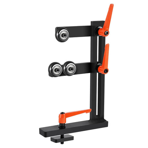 Rock Solid L Type Wood Lathe Steady Rest With Triple Adjustable Wheels shown from the side with rubber wheels and strong support.