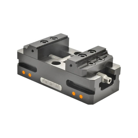 Heavy Duty Self Centering Vise For CNC Machines Built Tough Rock Solid Zero Hassle Jaw Grip Sweet clamping pipes on a workbench angle view.