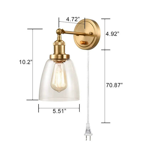 Industrial Brass Swing Arm Wall Sconce with Glass Bell Lamp, dimensions shown, features hardwired or plug-in 2 in 1 design.